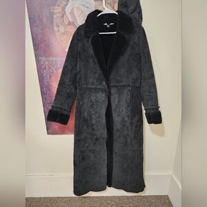 Express Black Leather Trenchcoat Duster Coat W/ Faux Fur Lining M